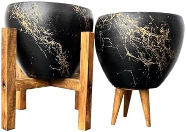 Ev Dekorasyon Siyah Üzeri Mermer Efektli Toprak Saksı Saksılık Salon Çiçeklik İkili Set 3 Ayaklı- 4 Ayaklı- 15 Cm
