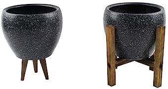 Ev Dekorasyon Gri Granit Toprak Saksı Saksılık Salon Çiçeklik İkili Set 3 Ayaklı- 4 Ayaklı- 15 Cm