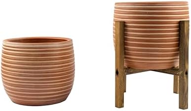 Ev Dekorasyon Yan Çizgi Desenli Terrakota Toprak Saksı Saksılık Salon Çiçeklik İkili Set Ayaksız - 4 Ayaklı- 15 Cm