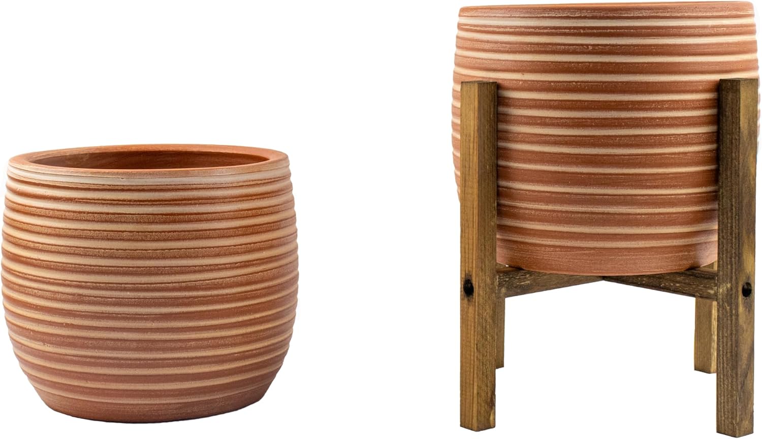 Alternative view of Ev Dekorasyon Yan Çizgi Desenli Terrakota Toprak Saksı Saksılık Salon Çiçeklik İkili Set Ayaksız - 4 Ayaklı- 15 Cm