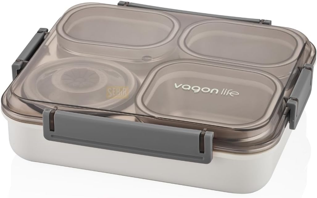 Alternative view of Bento 1200ml Lunchbox Tek Katlı 4 Bölmeli ve Kaseli Çelik Sefer Tası Yemek Kutusu (Gri)