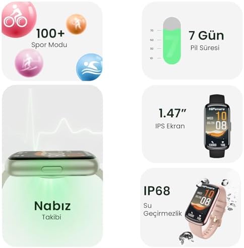 EVO2 Bluetooth 5.2 1.47” Ekran 1 ATM Su Geçirmez 24+ Spor Modu Nabız Spor Kan Oksijen Takibi IOS & Uyumlu Akıllı Bileklik (Krem)