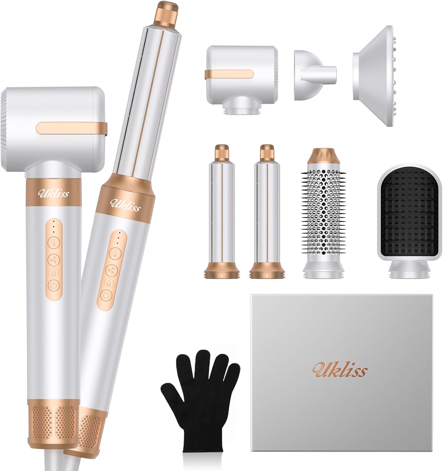 Alternative view of UKLISS 7'si 1 Arada Saç Kurutma Fırçası, Kıvırcık ve Bukleli Saçlar İçin Difüzörlü 110000 RPM Profesyonel İyonik Fırça, Salon Kalitesinde Şekillendirme İçin Saç Kurutma Makinesi, Beyaz Altın