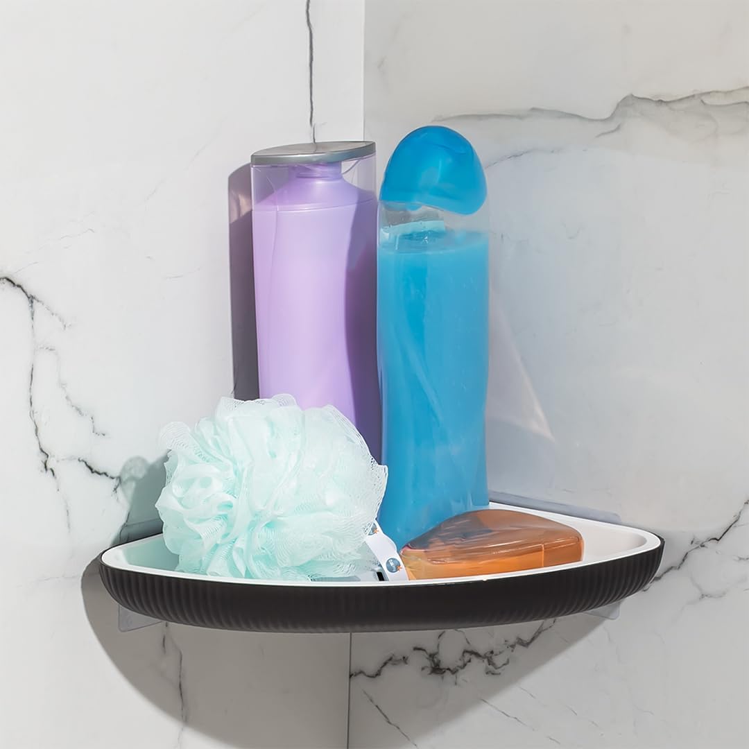 0447 İstiridye Banyo Köşe Rafı - Paslanmaz Yapışkanlı Duş Rafı Banyo Düzenleyici Organizer - Siyah