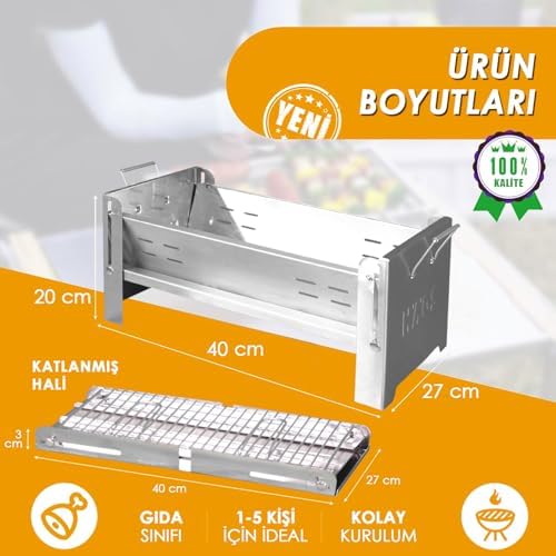 Katlanır Mangal, Paslanmaz Çelik, Barbekü Kömür Mangalı, Izgaralı, Portatif taşınabilir Pratik Mangal