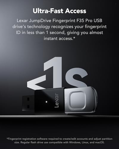 JumpDrive Fingerprint F35 PRO 128 GB USB 3.0 Sürücü, 400 MB/s'ye kadar okuma/300 MB/s yazma, USB bellek, 10 parmak izi kimliğine izin verilir, bellek çubuğu, PC/Laptop (LJDF35P128G-RNBNG)