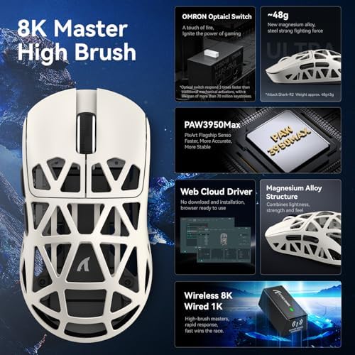 ATTACK SHARK R2 Magnezyum Alaşımlı Kablosuz Gaming Mouse – 48g Ultra Hafif, PixArt PAW3950 Sensör, 42000 DPI, BT/2.4G/Kablolu Üçlü Mod, 8K Tepki Hızı, Windows/Xbox/PS/Mac Uyumlu –