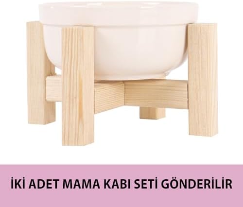 gobypet always the best Mama Kabı, Ahşap Kedi Mama Kabı, (iki adet), Kedi Mama Su Kabı, Ahşap Standlı Kedi Köpek Mama ve Su Kabı, Seramik Mama kabı (Beyaz Seramik)