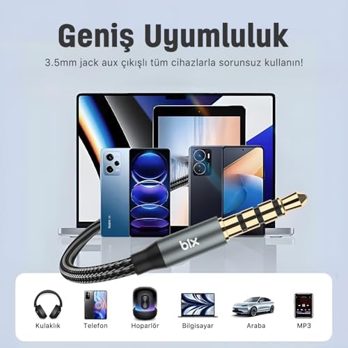 Alternative view of Bix BXAU3C Hi-Fi 3.5mm Örgülü Aux Ses Kablosu 24K Altın Kaplama, Araç Ses Sistemi, TV, Hoparlör, Kulaklık, Dayanıklı ve Esnek Ses Kablosu 1 Metre