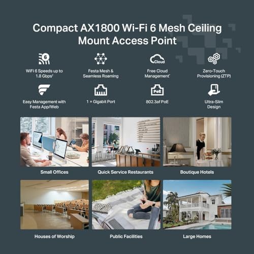 Alternative view of Festa F61, AX1800Mbps, 1 Gigabit Port, Festa Mesh, Kesintisiz Dolaşım, MU-MIMO, 250 Cihaza Kadar Bağanlantı, Ücretsiz Bulut Yönetimi, PoE Destekli, Dual-Band Wi-Fi 6 Tavan Tipi Access Point