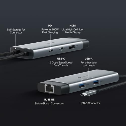 UH6120C, 1 HDMI, 1 100W Hızlı Şarj Portu, 1 USB-C, 2 USB-A 3.0 Port ve Type C den Gigabit Ethernet Dönüştürücü