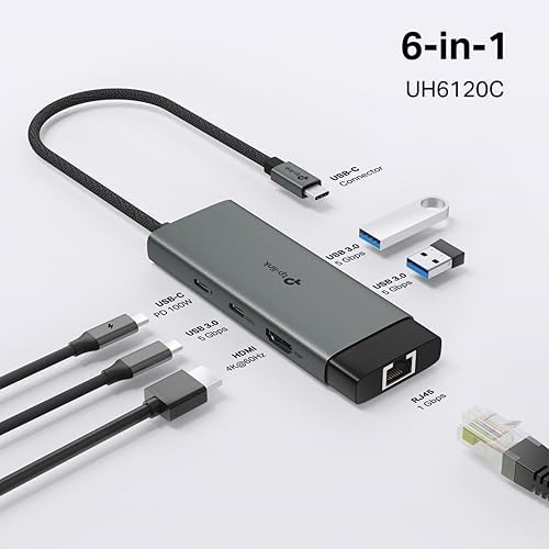 Alternative view of UH6120C, 1 HDMI, 1 100W Hızlı Şarj Portu, 1 USB-C, 2 USB-A 3.0 Port ve Type C den Gigabit Ethernet Dönüştürücü