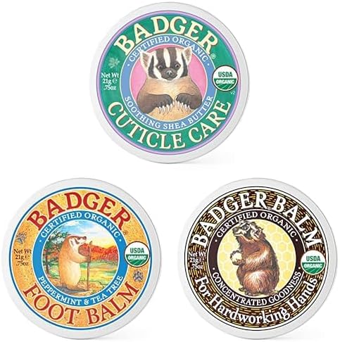 Badger Tırnak Bakım Kremi ve Badger Kuru Ciltler İçin Tazeleyici Çay Ağacı Kokulu Ayak Kremi (21 gr) ve Badger Balm For Hardworking Hands El Bakım Balmı 21g