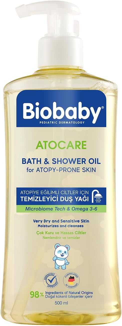 Biobaby Atocare Duş Yağı 500 ml – Atopiye Eğilimli Bebek Ciltleri İçin, Seramid Kompleksli, Omega 3-6, Yulaf Ekstresi ve Prebiyotik İçerikli Temizleyici Yağ