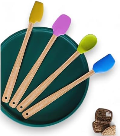 4 Adet 4 Renk Ahşap Saplı Pastel Renkli Dayanıklı Silikon Spatula Seti Mutfak Seti Renkli Kaşık Spatula (CANLI RENKLER)