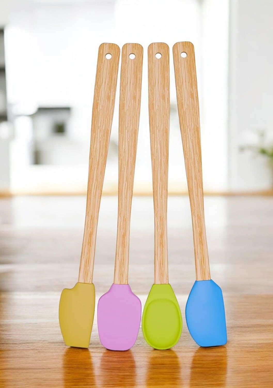 Alternative view of 4 Adet 4 Renk Ahşap Saplı Pastel Renkli Dayanıklı Silikon Spatula Seti Mutfak Seti Renkli Kaşık Spatula (CANLI RENKLER)