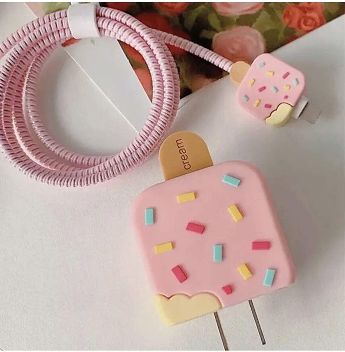 Alternative view of 18W/20W ile uyumlu Pembe Dondurma Şarj Başlığı 3D Şarj Başlığı ve Kablo Koruyucu Set