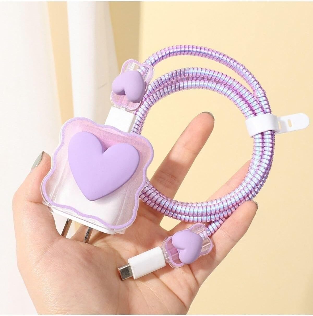 18w-20w Şarj Adaptörü Ile ile uyumlu Lila Rengarenk Kalpli Şarj Başlığı Ve Şarj Kablo Koruyucu Set