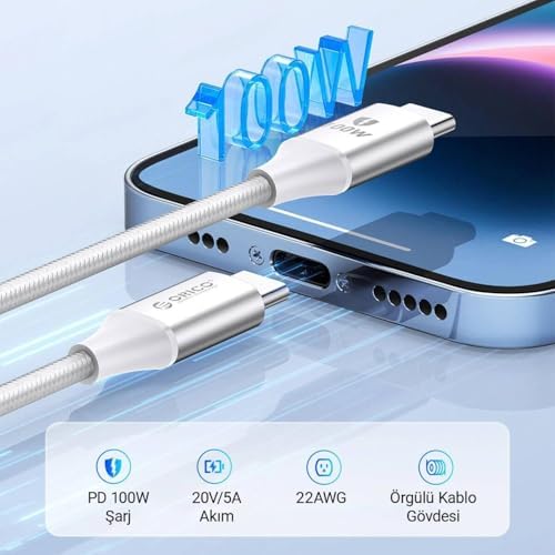 100W 5A PD Type-C to Type-C Hızlı Şarj ve Data Kablosu Beyaz 1 Metre