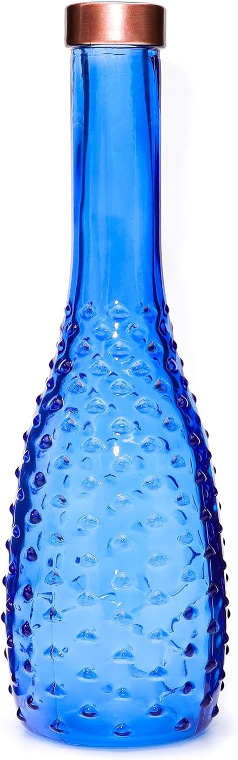 MİSSİ Bakır Boyunlu Saks Mavisi Kabartmalı Ince Cam Vazo (26 CM)