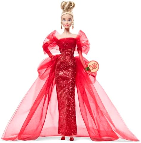 Işıltılı kırmızı tül elbisesi, damla küpeleri ve tül eldivenleri ile sarı saçlı bebek, koleksiyona uygun Mattel 80. yıl dönümü bebeği, JBJ17