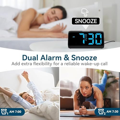 Netzu Derin uykular için yüksek sesli çalar saat, LED ekranlı, çift alarm, 5 parlaklık kısıcı, 4 ses seviyesi, kapatma hafızası, çalar saat, komodin, çocuklar, gençler, yaşlılar ve ağır uyuyanlar için