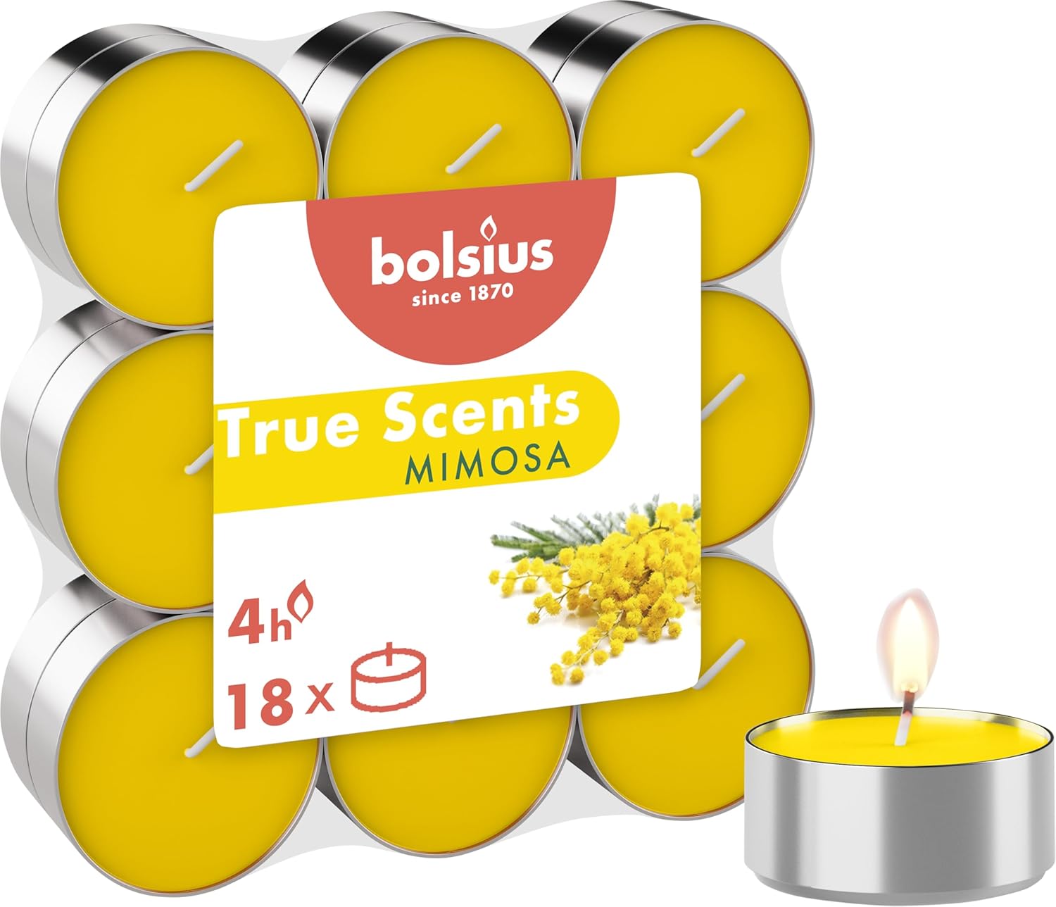 Kokulu Tealight Mum, Mimosa Kokulu, Sarı Renkli, 18'li Paket, 4 Saatlik Uzun Yanma Süresi - Ev Mumu - İç Dekorasyon - Doğal Özler - Doğal Vegan İçerir - Yağı İçermez