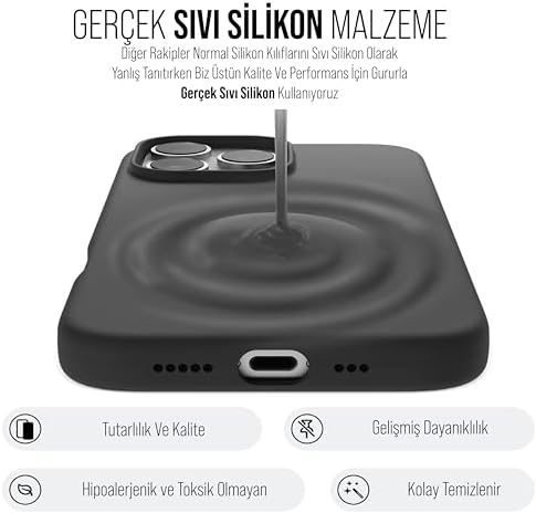 Alternative view of Kılıf İnce Sıvı Silikon 3 Katmanlı Tam Kaplamalı Yumuşak Jel Kauçuk Kılıf Kapak (Siyah, 16 Pro)