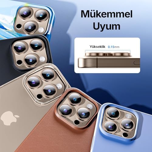 16 Pro ve 16 Pro Max ile Uyumlu Kolay Kurulum Aparatlı Alüminyum Alaşım Çerçeveli ve 9H Sertliğinde Temperli Camlı Lens Koruyucu (Çöl Titantum, Lens Glass)