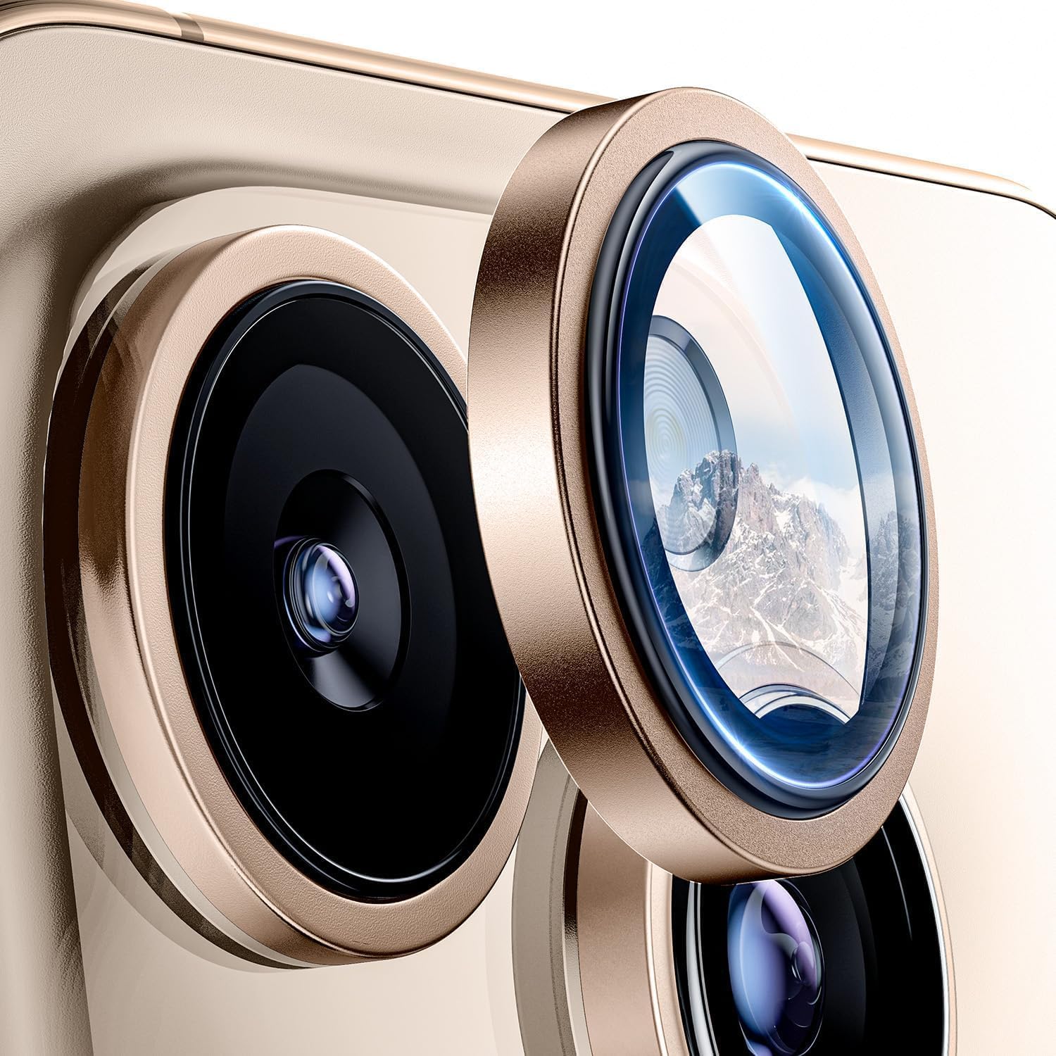 Alternative view of 16 Pro ve 16 Pro Max ile Uyumlu Kolay Kurulum Aparatlı Alüminyum Alaşım Çerçeveli ve 9H Sertliğinde Temperli Camlı Lens Koruyucu (Çöl Titantum, Lens Glass)