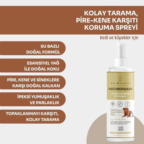 Kahu Naturals NatureGuard Kolay Tarama, Tüy Bakımı, Organik Parfüm Etkili Vücut Spreyi, Pire, Kene, Sinek Karşıtı, Kedi ve Köpek, 250 ml
