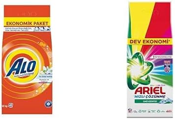 Alo 10 kg Kar Çiçeği Ferahlğı Beyazlar ve Renkliler Hızlı Çözülme Toz Deterjan ve Ariel Dağ Esintisi Renklilere Özel 12 kg Hızlı Çözünme Toz Çamaşır Deterjanı