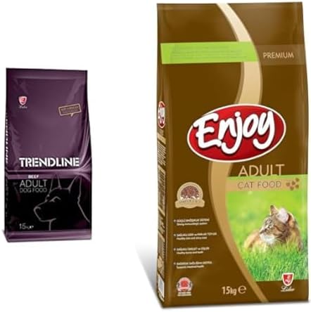 Trendline Biftekli Yetişkin Köpek Maması 15 kg ve Enjoy Kuru Kedi Maması, Tavuklu, Yetişkin, 15 Kg Kahverengi