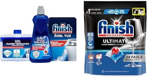 Temizlik ve Bakım Seti (Parlatıcı 400 ml + Makine Temizleyici Sıvı 250 ml + Tuz 500 g) ve Finish 85 Kapsül Bulaşık Makinesi Deterjanı Tableti (1 x 85 Kapsül)