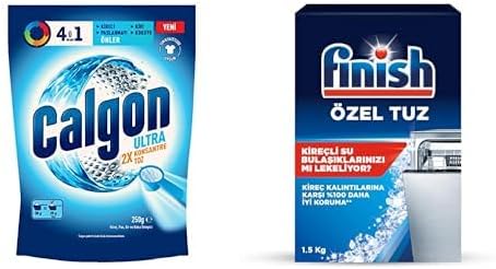 Calgon Power Kir, Pas, Kireç ve Koku Önleyici 4'ü 1 Arada Ultra Konsantre Toz 250 g ve Finish Bulaşık Makinesi Tuzu (1 x 1500 g)