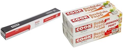 Bas & Kes Streç Film 30 cm x 60 m-Yedek ve Buzdolabı Poşeti 3+1 Ekonomik Paket, Orta Boy 24 x 38 cm (1 x 4 Adet)