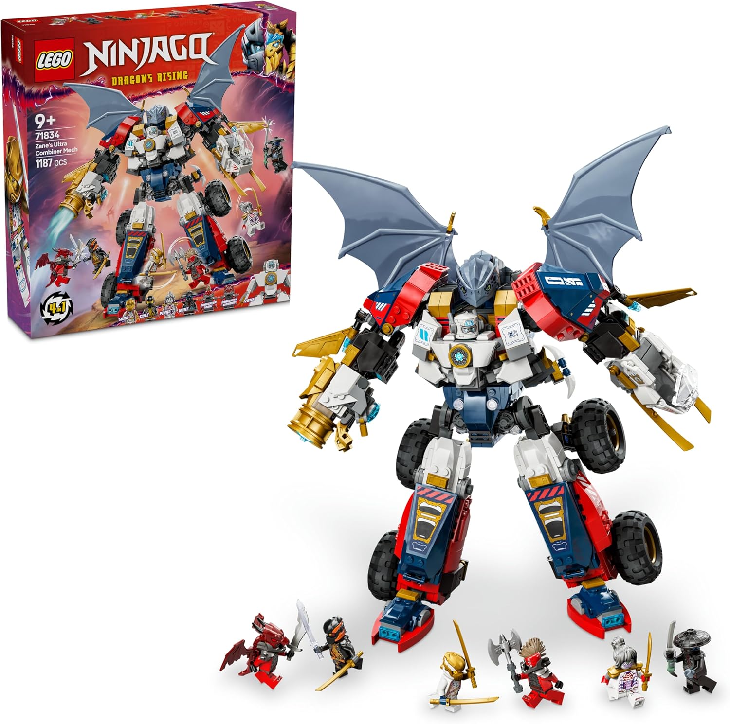 Zane’in Ultra Kombo Mech’i 71834-9 Yaş ve Üzeri Çocuklar için Araba, Jet ve Ejderha İçeren 4’ü 1 Arada Oyuncak Yapım Seti, Doğum Günü Hediyesi (1187 Parça)