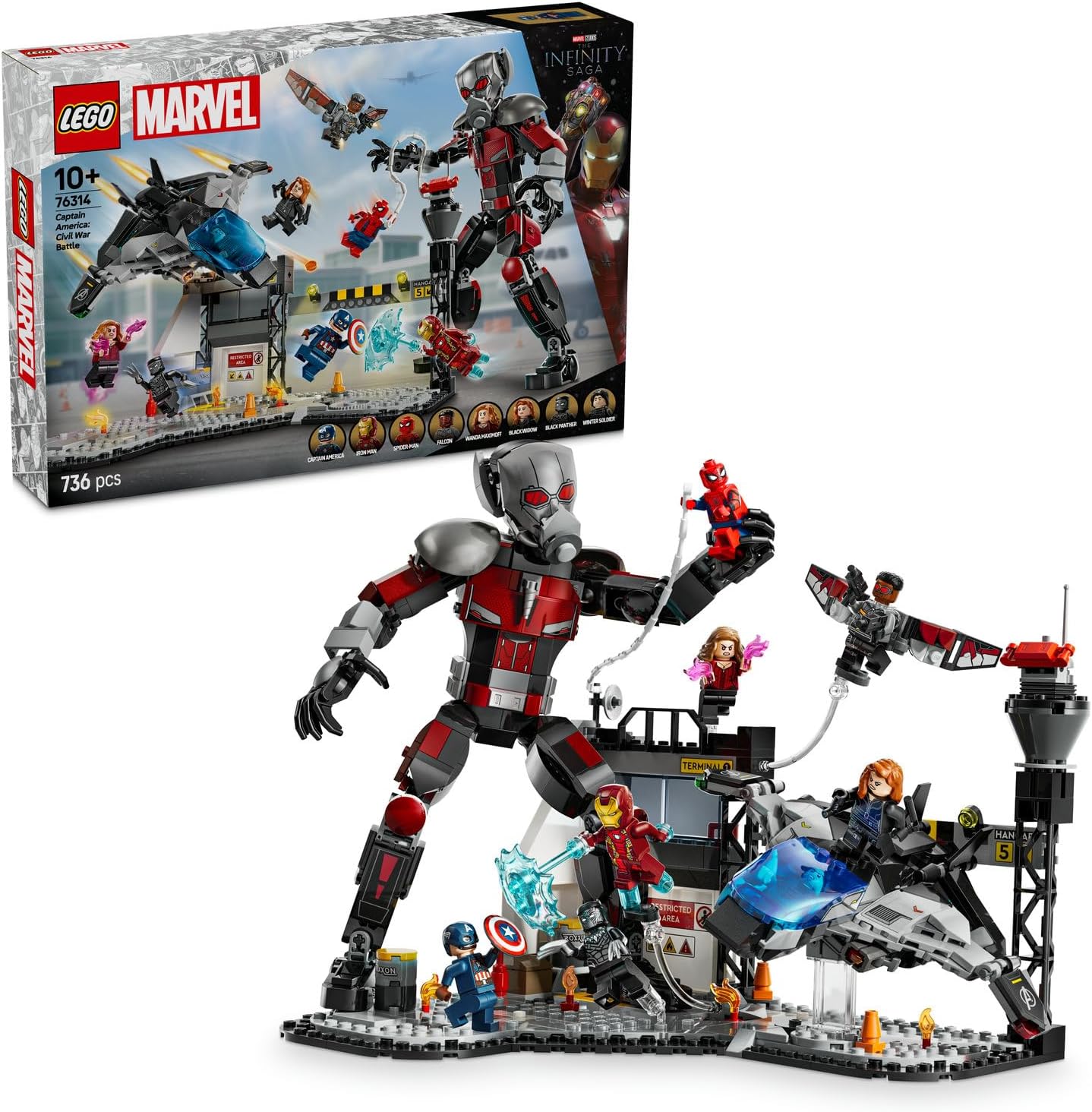 | Kaptan Amerika: Kahramanların Savaşı Aksiyon Savaşı 76314-10 Yaş ve Üzeri Çocuklar İçin 8 Minifigürlü Oyuncak Yapım Seti, Doğum Günü Hediyesi (736 Parça)