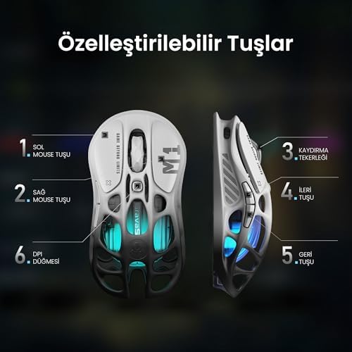 Mercury M1 Pro Kablosuz Oyun Faresi, Hafif Magnezyum Alaşımı, 26.000 DPI, PAW3395DM Sensör, 5 Programlanabilir Düğme, Destek Kablolu/2.4GHz/BT, 200 Saate Kadar Pil Ömrü-Gradyan Siyah