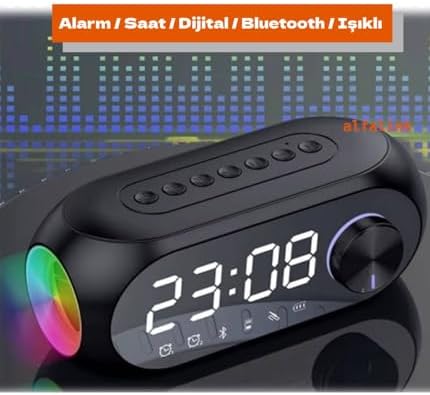 Alarmlı Bluetooth Fm Radyo Hoparlör + TF Kart + Aux + Saat Alarm Hoparlör Şarjlı Dijital Masa Saati