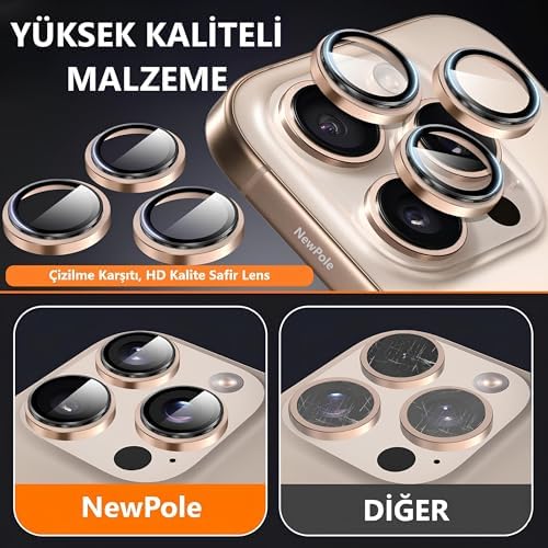 [3 Adet] 16 Pro/ 16 Pro Max için Kamera Safir Lens Koruyucu, Alüminyum 9H Temperli Cam Lens Kamera Koruyucu 16 Pro ve 16 Pro Max Kamera Koruyucu