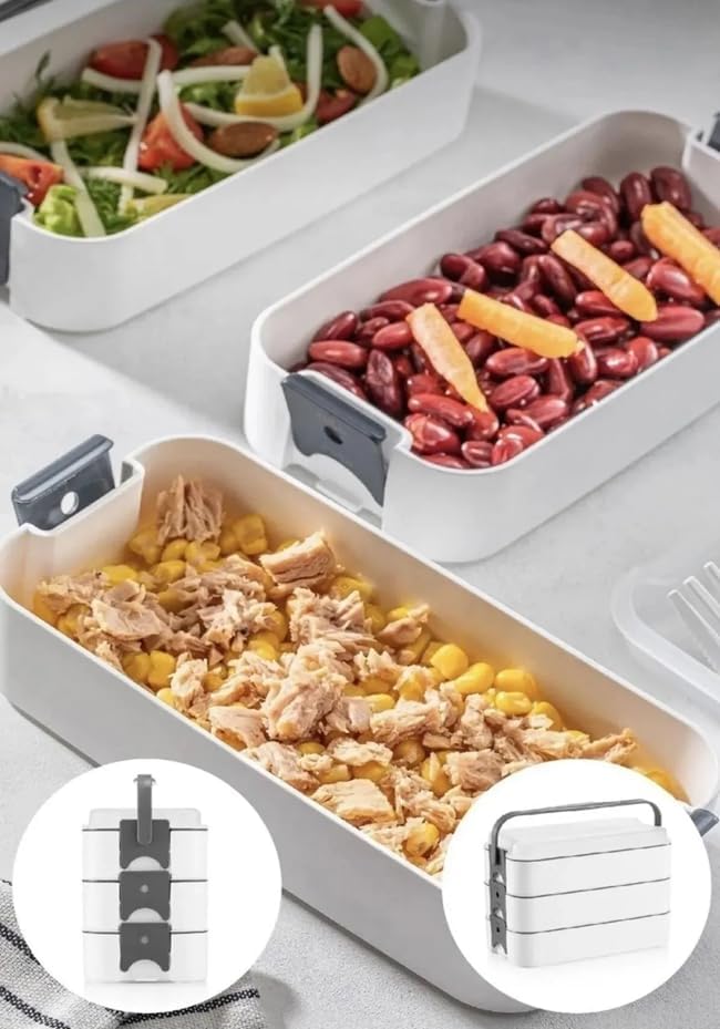 1260 ml 3 Katlı 6 Bölmeli BPA'sız PP Plastik Sefer Taşıma ve Beslenme Çantası, Kilitli Bento Lunch Box, Mikrodalgaya Uygun, Çatal ve Kaşık Dahil (Krem)