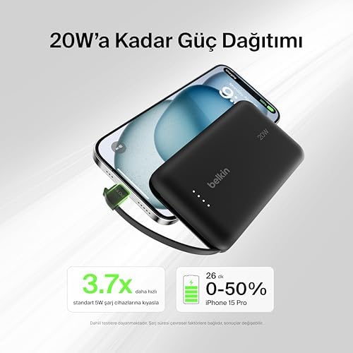 BoostCharge Power Bank, Entegre Kablolu Taşınabilir Şarj Cihazı 10K PD 20W - USB-C Güç Dağıtımı, Power Bank 17 Serisi, iPad Pro, Galaxy S25 ve Daha Fazlası için Hızlı Şarj