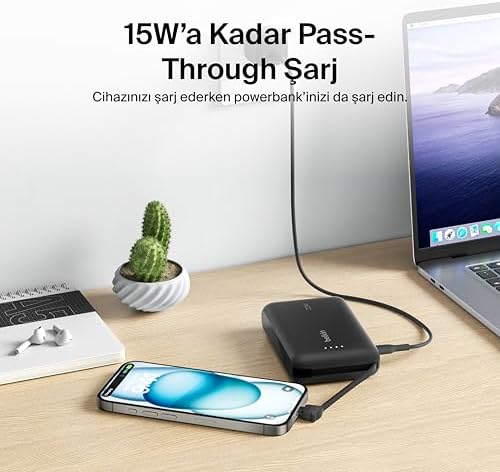 Alternative view of BoostCharge Power Bank, Entegre Kablolu Taşınabilir Şarj Cihazı 10K PD 20W - USB-C Güç Dağıtımı, Power Bank 17 Serisi, iPad Pro, Galaxy S25 ve Daha Fazlası için Hızlı Şarj
