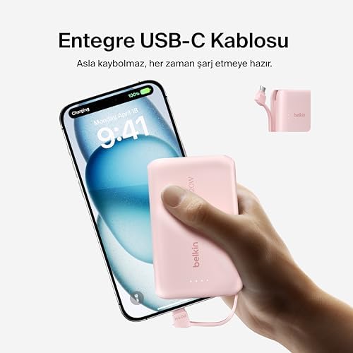 BoostCharge Power Bank, Entegre Kablolu Taşınabilir Şarj Cihazı 10K PD 20W - USB-C Güç Dağıtımı, Power Bank 17 Serisi, iPad Pro, Galaxy S25 ve Daha Fazlası için Hızlı Şarj