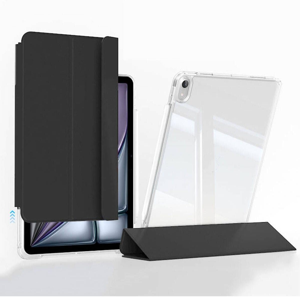 - iPad Air 11 2024 Uyumlu Sliding Kılıf | Mıknatıslı Ayrılabilir Ön Kapak | Şeffaf Airbag Korumalı | Standlı Katlanabilir Tasarım | Premium Görünüm & Tam Koruma - Siyah | TPU + PU Deri