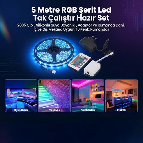 Alternative view of 5 Metre RGB Şerit Led Tak Çalıştır Hazır Set, 2835 Çipli, IP20 Silikonsuz, Adaptör ve Kumanda Dahil, İç Mekana Uygun, 16 Renk, Kumandalı |