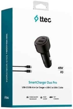 SmartCharger Duo PD 48W Araç Hızlı Şarj Aleti USB-C+USB-A - USB-C-USB-C 3A Kablo Siyah 2CKP02CS