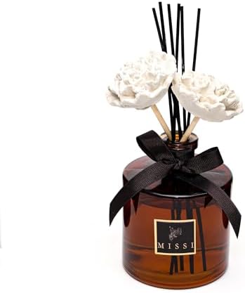 MİSSİ 500 ml Kahverengi Silindir Şişe Seramik Çiçek Taşlı Bambu Çubuklu Oud Vanilya Oda Kokusu