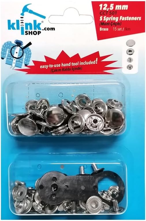 Çıtçıt 12,5 mm Kendin Yap Kiti, Mont, Giyim, Çanta, Deri için Çekiçle Uygulama Aparatları ve 15 Adet Çıtçıt Takım Gümüş Renk-Paslanmaz Pirinç